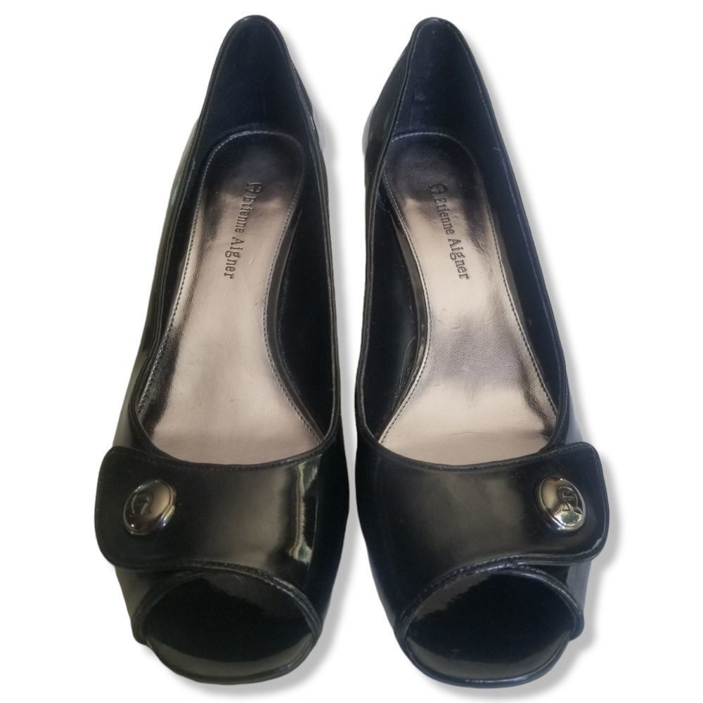 ⭐️ Etienne Aigner Patent Leather Wedge Heel Peep-Toe sz 8